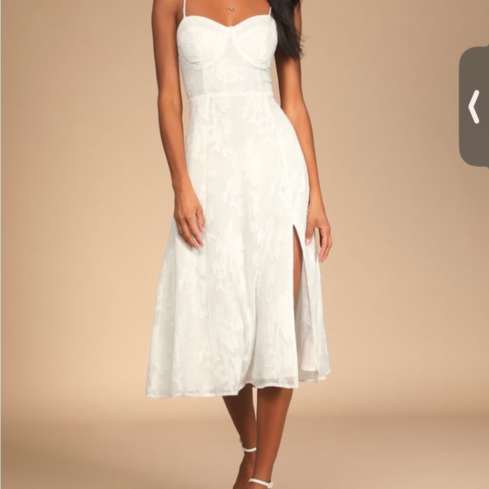 Loveliest Looks White Floral Jacquard Tie-Strap Midi Dress